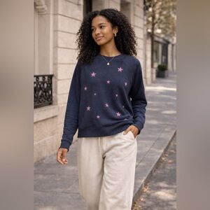 Sundry Star Print Sweatshirt Navy French Terry Pullover Size 2 Casual Cozy Chic